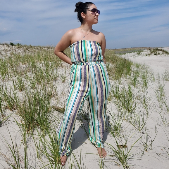 Green Multi Stripe Strapless Lightweight Wide Leg - Picture 1 of 4